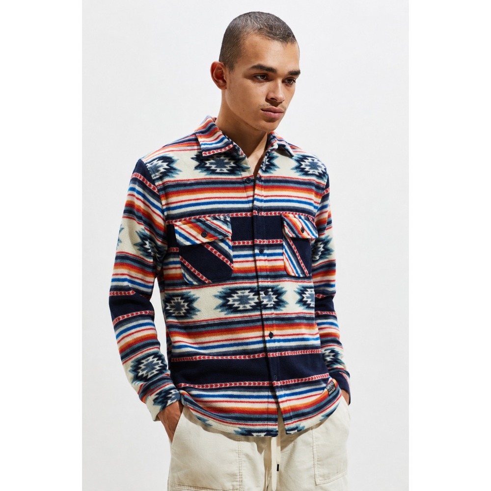 Free Nature Mens Small Fleece Button Down Shirt Southwestern Aztec Print Navy S